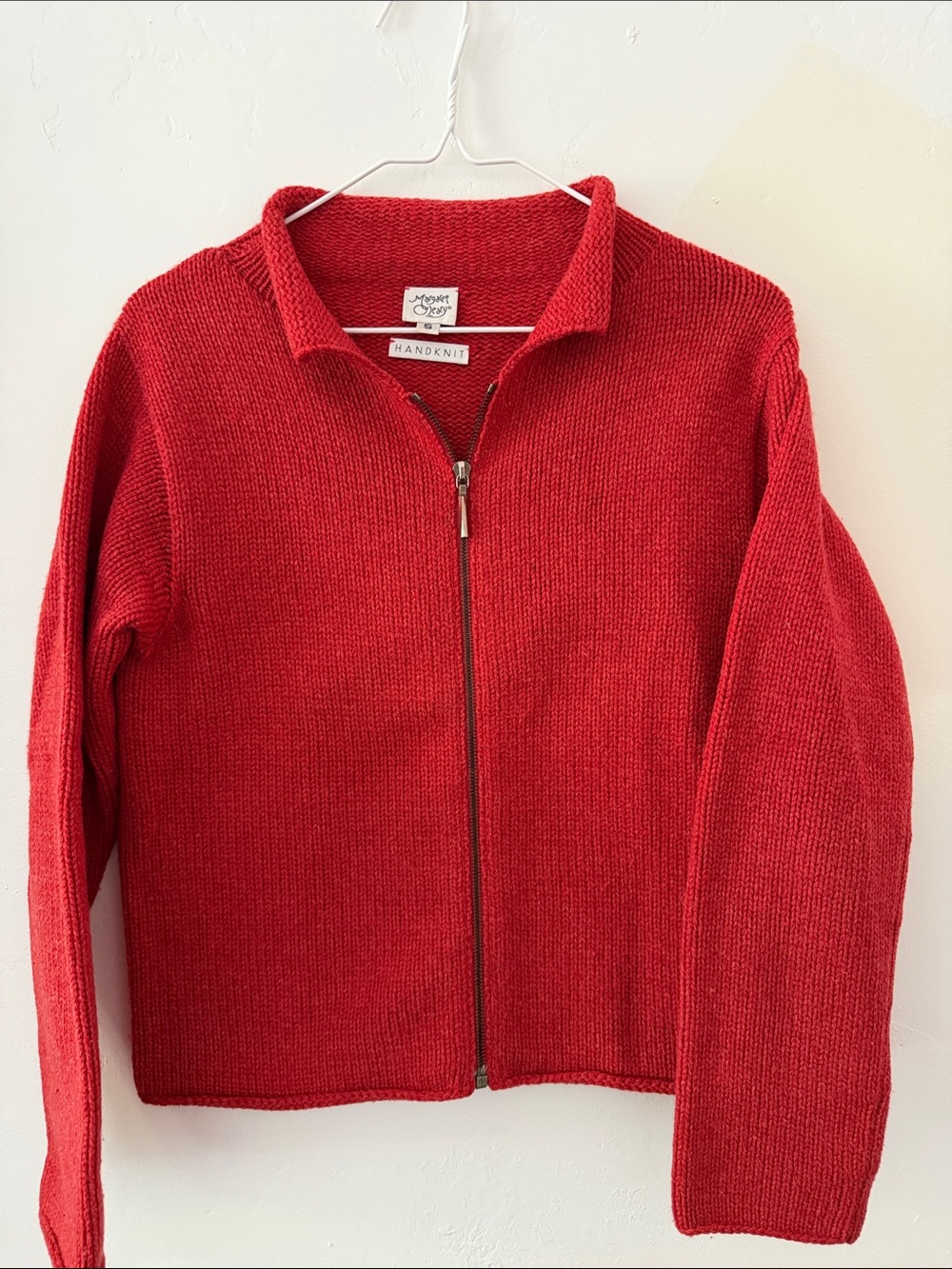 Margaret O'Leary Red Handknit Zip-Front Sweater Cardigan